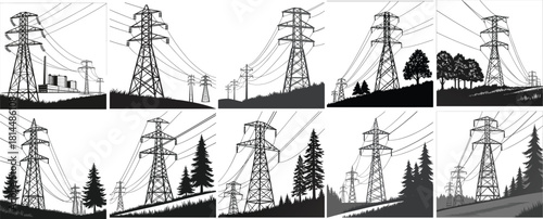 Silhouette of utility poles with power lines, forest background, perspective depth, rural infrastructure, electricity distribution, natural landscape, high voltage grid