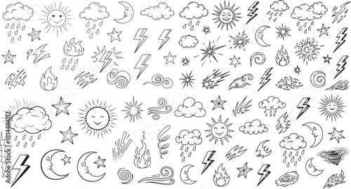 Set of hand drawn weather forecast elements and celestial doodle icons.