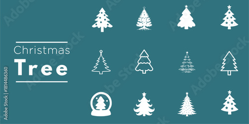Christmas Tree Vector Icon Collection - Festive Holiday Pine Silhouette Outline Set Teal White Snow Globe Star Ornament Decoration Clipart Modern Minimalist Flat Graphic Design Element Greeting Card