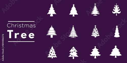 Christmas Tree Silhouette Vector Icon Set - Festive Holiday Pine Collection Purple White Flat Design, Winter Xmas Ornament Decoration Clipart Modern Minimalist Graphic Element for Greeting Card Print