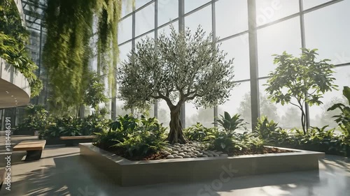 A modern atrium space showcases lush indoor greenery. Large glass panes frame the natural light, illuminating diverse plants and wooden benches