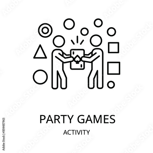 Two people playing a card game with abstract shapes around them