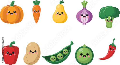 Cute cartoon vegetables with friendly kawaii faces, healthy food art.