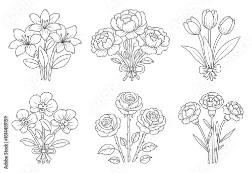 Black line flower bouquets set. lilies, peonies, tulips, orchids, roses, carnations. Vector monochrome buds with leaves, coloring page