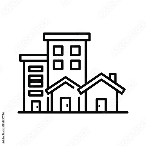 Line art icon depicting a mix of residential and commercial buildings, including houses and multistory structures
