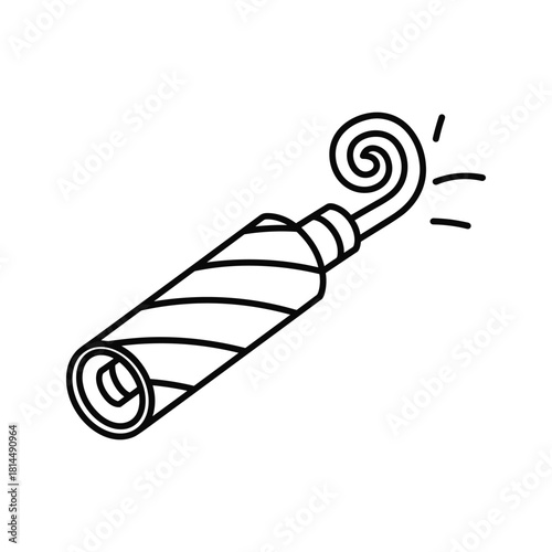 Simple black and white drawing of a party blower isolated on