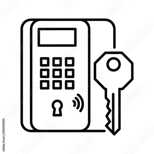 Line art icon of a digital keypad and a traditional key, representing security and access, isolated on