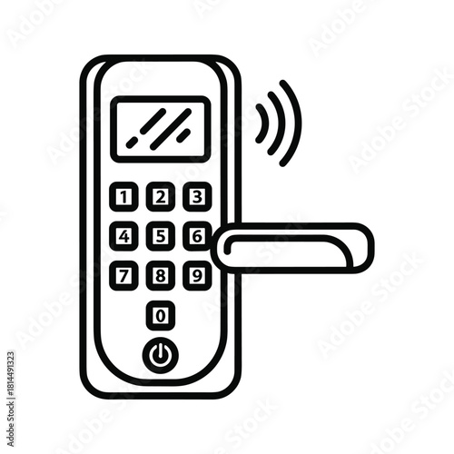 A black and white line art illustration of a modern smart door lock with a keypad and wireless signal