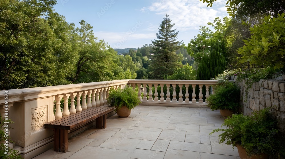 Obraz premium A tranquil stone terrace with a wooden bench and potted plants overlooks a lush green valley on a clear day