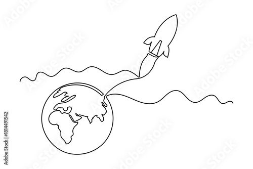 One line rocket illustration showing simple spacecraft launch for creative minimal concepts