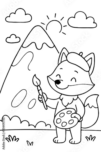 Cute Cartoon Fox Artist Painting a Mountain Landscape Outdoors, Creative Hobby Coloring Page