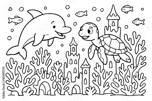 Cute Dolphin and Sea Turtle Swimming by an Underwater Castle, Ocean Animal Coloring Page