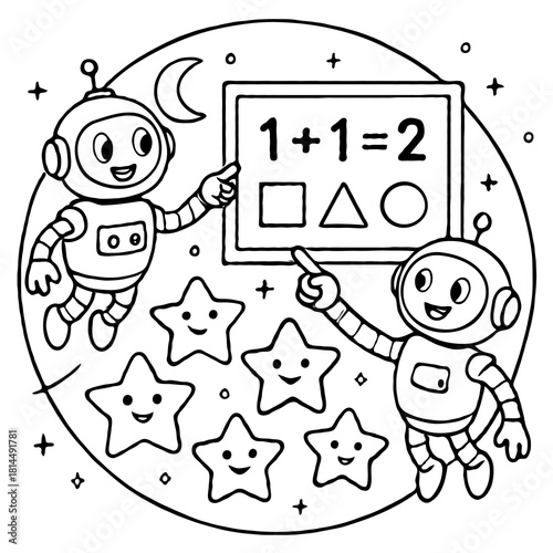 Cute Cartoon Robots Teaching Math and Shapes in Space, Science Education Coloring Page