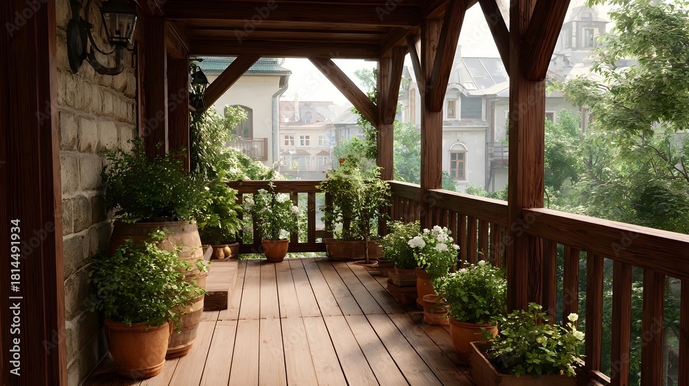 Obraz premium A serene wooden veranda adorned with lush potted plants offers a picturesque view of distant European buildings