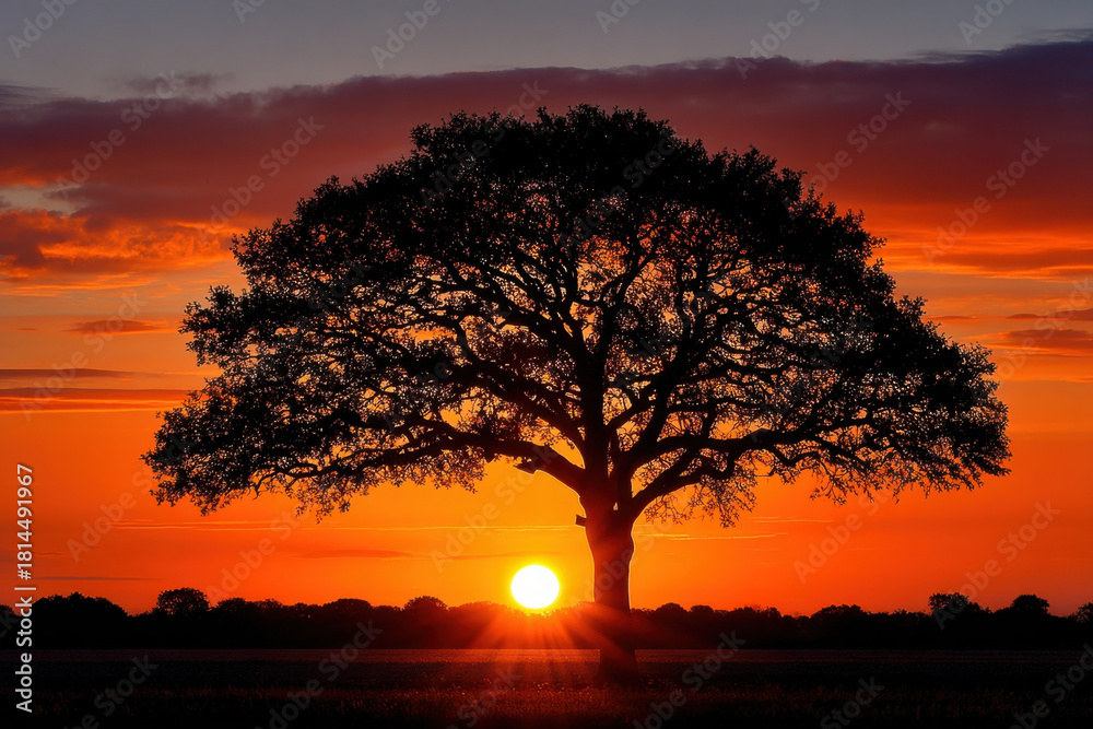 Fototapeta premium Lone Oak Tree Silhouette at Vibrant Sunset