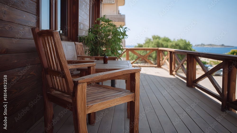 Obraz premium Wooden chairs and table on a sunlit balcony with a serene sea view
