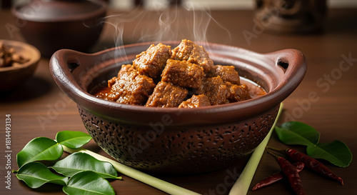 A bowl of steaming beef rendang sits on a wooden surface, garnished with leaves and spices.