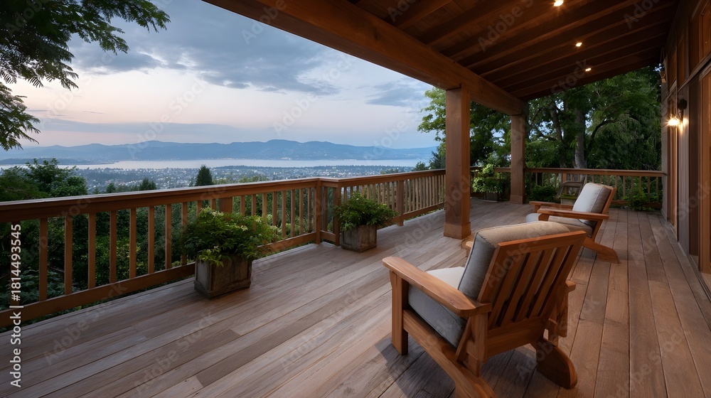 Obraz premium A wooden deck with chairs overlooks a serene water vista at dusk