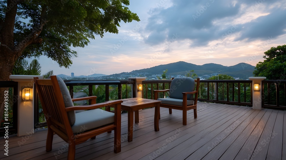 Obraz premium A wooden deck with seating overlooks a town and hills at dusk with dramatic clouds