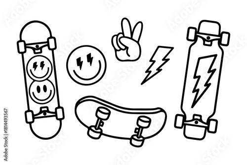 Hand Drawn Skateboarding Sticker Pack - Black and White Retro Doodle Collection.