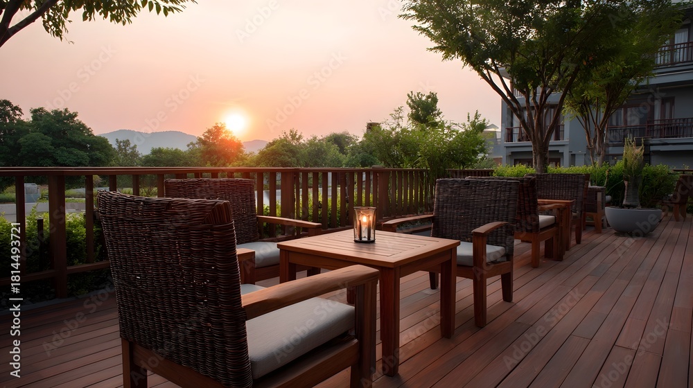 Naklejka premium Wooden deck with seating area at sunset offering a serene mountain and tree lined view
