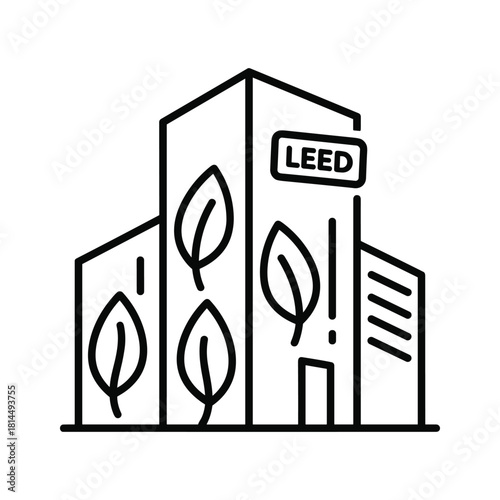 Leed certified green building with leaves, isolated on sustainable architecture concept