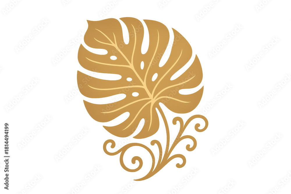 Obraz premium Gold monstera leaf vector illustration with decorative floral swirl on transparent background, tropical luxury design element