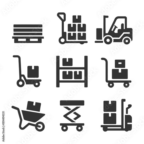 Icons of warehouse equipment: pallets, carts, forklifts, and shelving display.