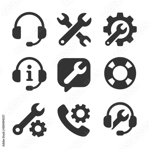 Customer support icons: headset, tools, gear, information, chat, lifebuoy, phone.