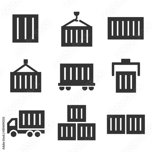 Shipping container icons set: transportation, logistics, storage symbols.