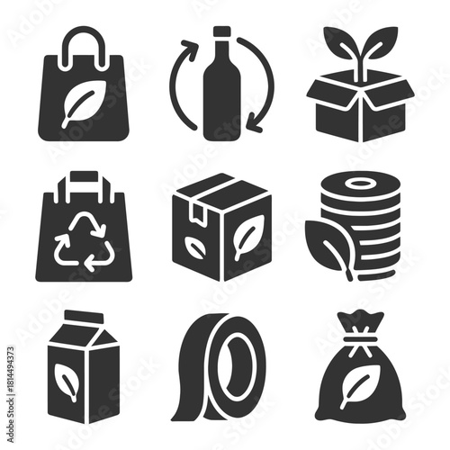 Sustainable packaging icons with recycle bag plant bottle symbols.