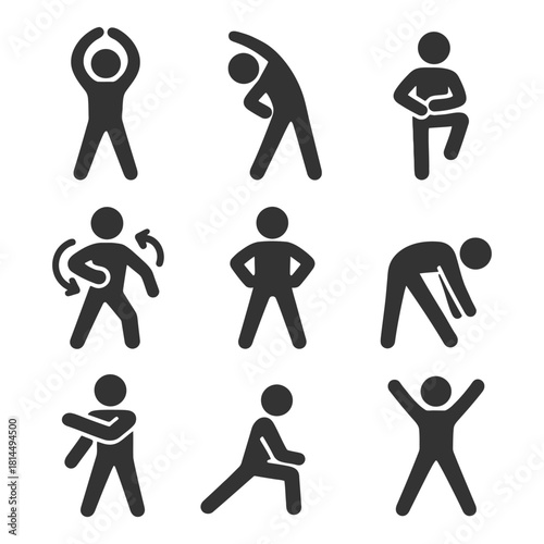 Set of black silhouette figures demonstrating various exercise and stretching poses.