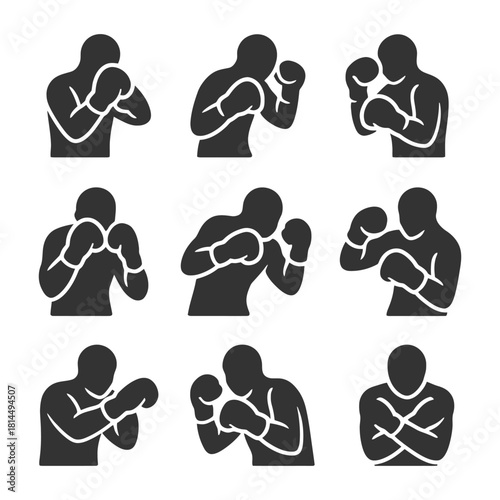 Set of nine silhouetted boxing poses with gloved hands.