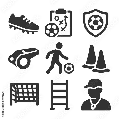 Soccer training icons: cleats, whistle, goal, cones, strategy, player, coach, shield.