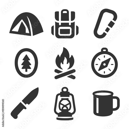 Camping adventure icons: tent, backpack, campfire, compass, knife, lantern, mug.