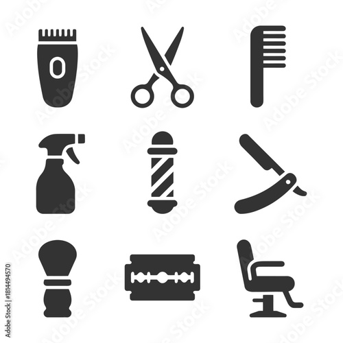 Barber shop tools icons: clippers, scissors, combs, shaving equipment.