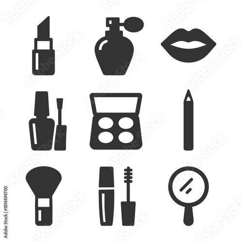 Set of black silhouette makeup icons for cosmetics and beauty.