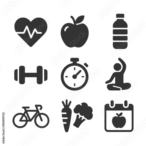 Healthy lifestyle icons: fitness, nutrition, wellness symbols set.