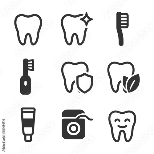 Dental care icons set including toothbrush, toothpaste, and floss illustrations.