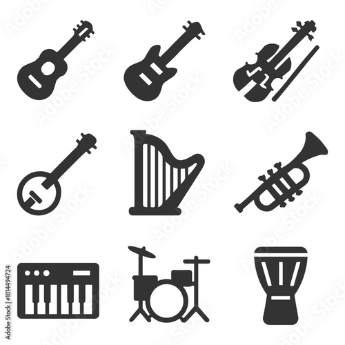 Variety of musical instruments icons: guitar, violin, keyboard, drums, trumpet, harp, banjo, djembe.