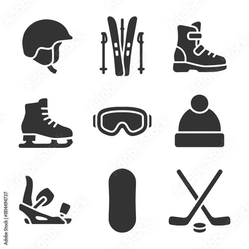 Winter sports gear icons: helmet, skis, boots, skates, goggles, snowboard, beanie, hockey sticks.