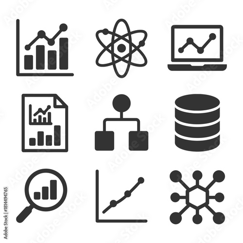 Data science icons: analytics, atom, laptop, report, flowchart, database, magnifier, graph, network.