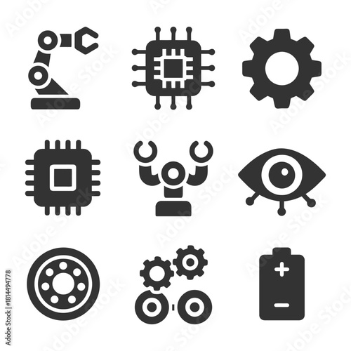 Robotics and technology icons featuring chip, gear, robot arm, and battery symbols.
