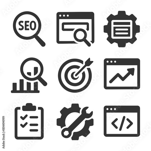 Set of digital marketing and seo icons featuring tools and analytics symbols.
