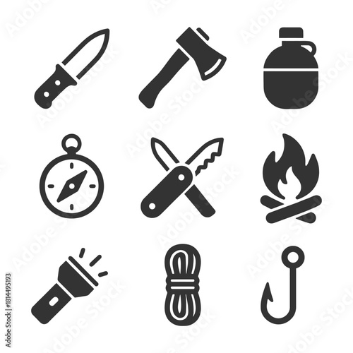 Essential outdoor camping icons: knife, axe, canteen, compass, multi-tool, campfire, flashlight, rope, hook.