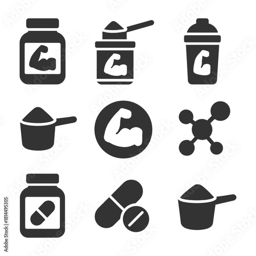 Set of protein supplement icons in black and white.