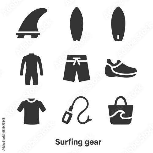 Surfing gear icons collection: board, wetsuit, shorts, leash, shoe, bag.