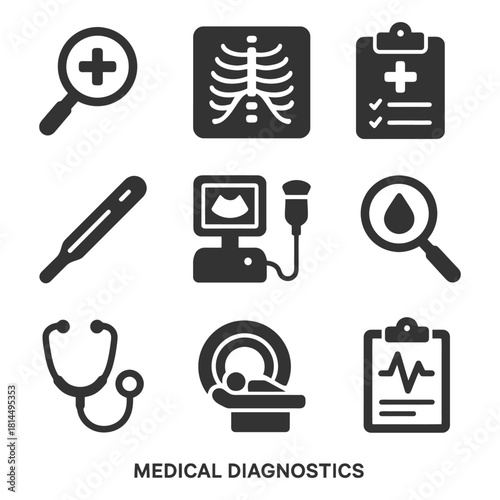 Medical diagnostics icons: x-ray, mri, ultrasound, stethoscope, thermometer.