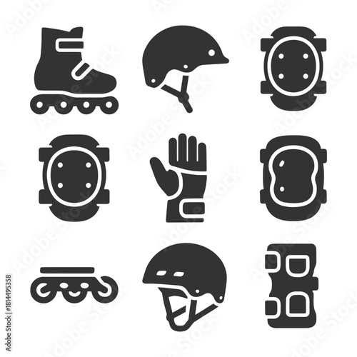Rollerblading equipment icons: helmet, knee pads, elbow pads, gloves, wheels.