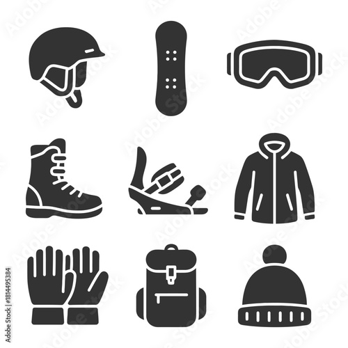 Essential snowboarding gear: helmet, snowboard, goggles, and clothing icons.